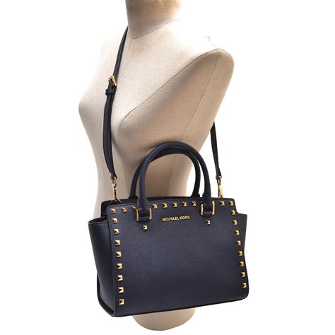 michael kors selma stud medium top zip satchel navy|selma leather satchel.